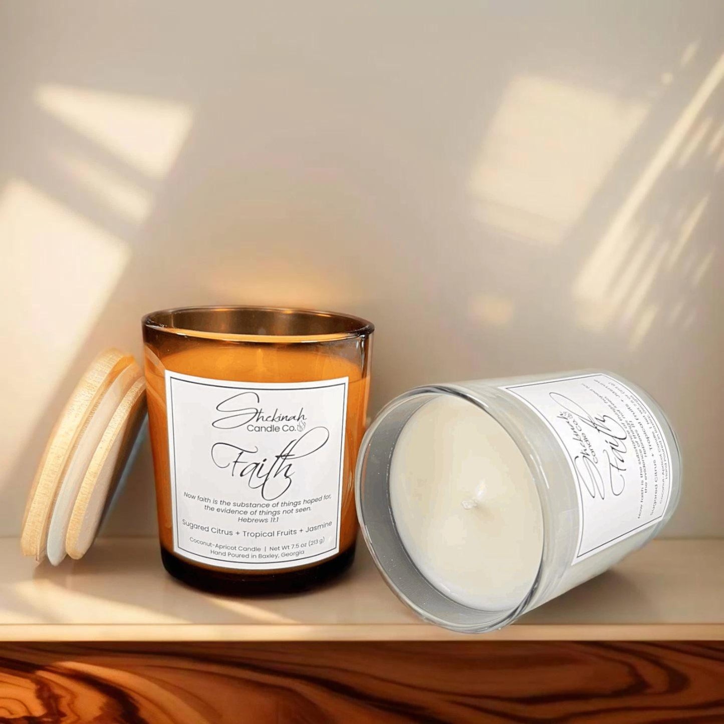 Faith Candle - 7.5 oz - Amber Glass/Wood Lid
