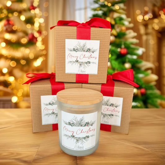 Merry Christmas Candle - 7.5 oz - Clear Glass/Wood Lid